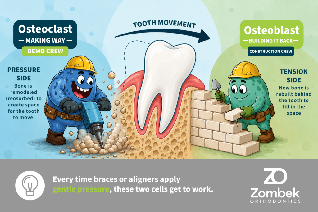 Diagram showing osteoclasts breaking down bone on the pressure side and osteoblasts rebuilding bone on the tension side during tooth movement with braces illustrated by Zombek Orthodontics